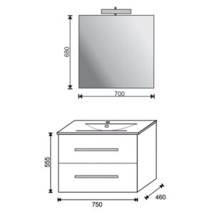 Schizzo: Mobile bagno con specchio e dimensioni per l'arredo bagno.