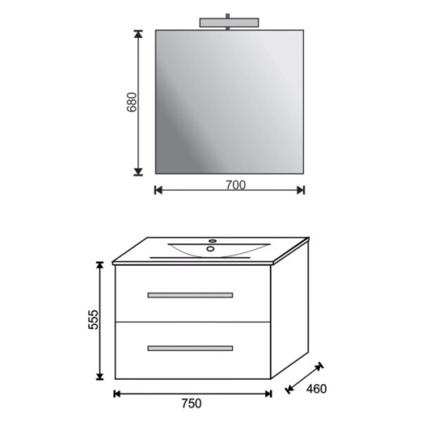 Schizzo: Mobile bagno con specchio e dimensioni per l'arredo bagno.