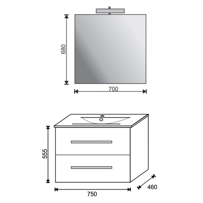 Schizzo: Mobile bagno con specchio e dimensioni per l'arredo bagno.