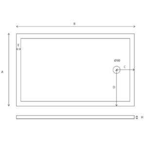 Disegno tecnico di un piatto doccia t.b.t. con dimensioni.