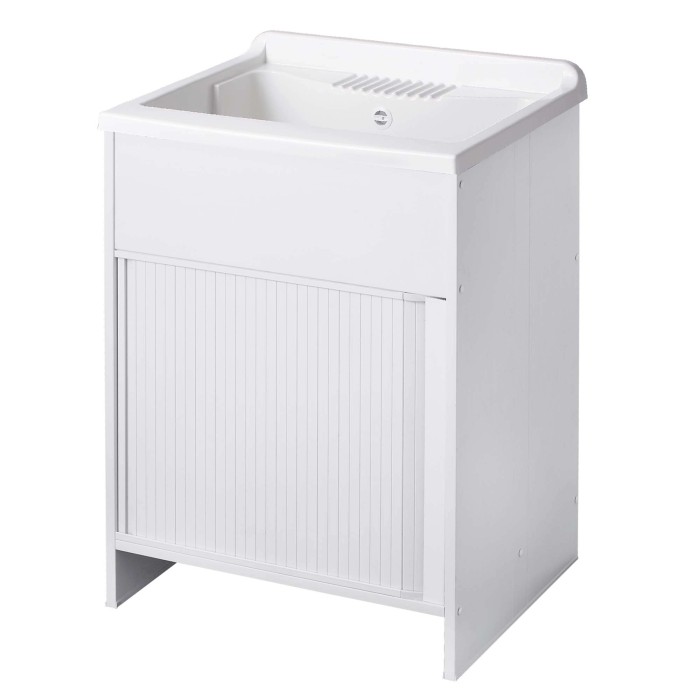 Mobile lavatoio bianco con anta a rullo per lavanderia o bagno.