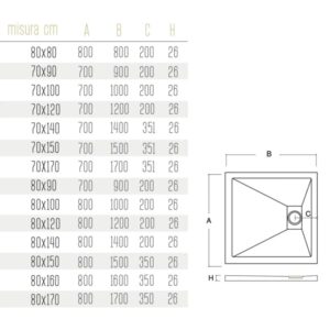 Disegno tecnico di un piatto doccia t.b.t. con dimensioni.