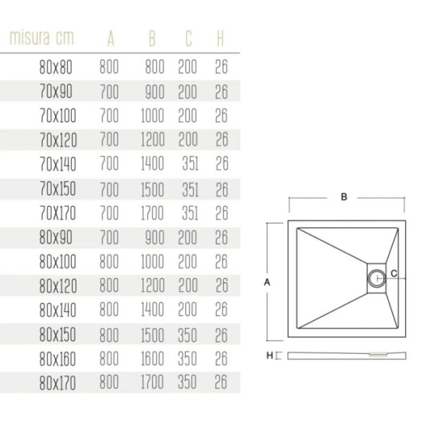 Disegno tecnico di un piatto doccia t.b.t. con dimensioni.