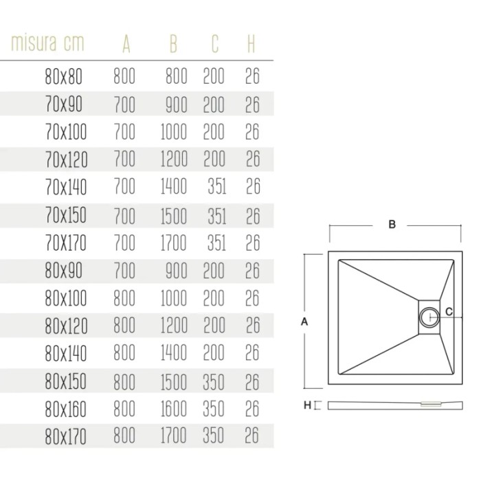 Disegno tecnico di un piatto doccia t.b.t. con dimensioni.
