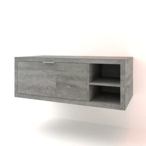 Mobile bagno sospeso grigio con anta e ripiani per il bagno.