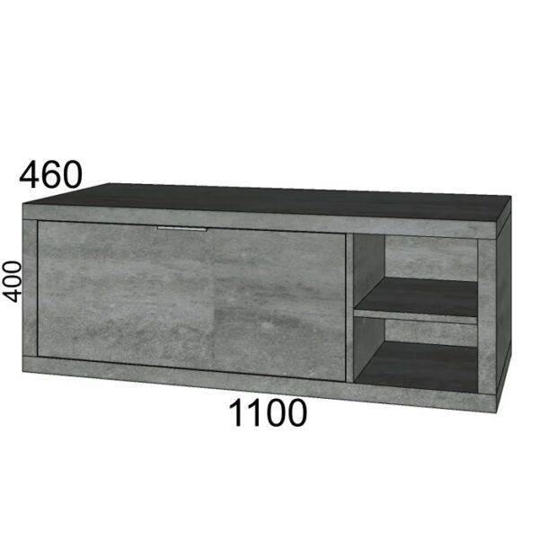 Mobile bagno grigio con cassetto e ripiano a giorno per arredo bagno.