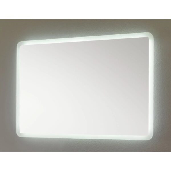 Specchio da parete rettangolare con angoli arrotondati e illuminazione a LED.