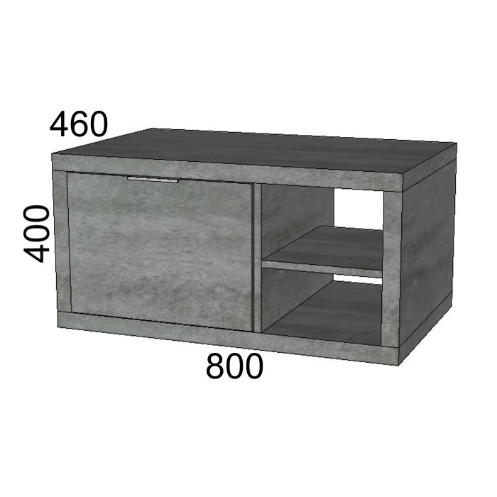 Mobile bagno grigio con anta e ripiano a giorno.