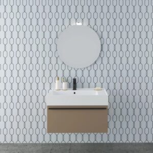 t.b.t. Mobile bagno con specchio e rubinetto davanti a parete decorata. Arredo bagno.