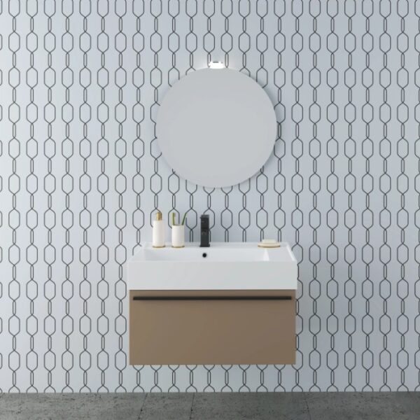t.b.t. Mobile bagno con specchio e rubinetto davanti a parete decorata. Arredo bagno.