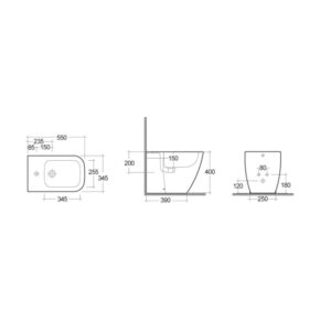 Disegno tecnico del bidet t.b.t. con misure per l'installazione.