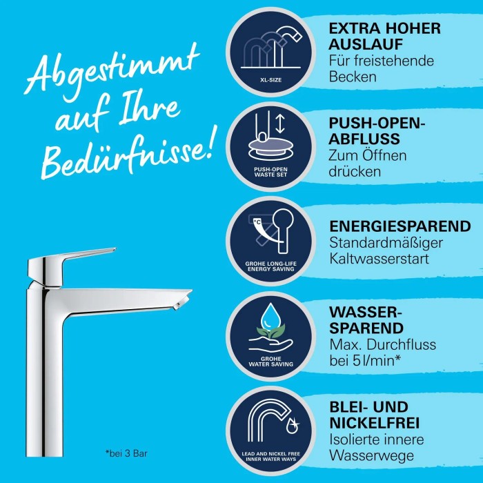 Miscelatore lavabo Grohe QuickFix Start XL: Rubinetto cromato con funzione di risparmio energetico e bocca alta.