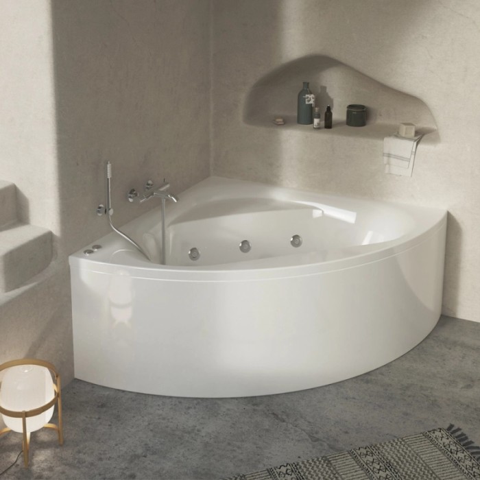 Vasca idromassaggio angolare bianca. Ideale per bagni rilassanti.