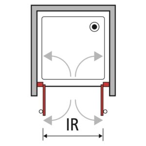 Schizzo di una porta doccia (t.b.t.) con frecce che indicano il raggio di apertura (IR).