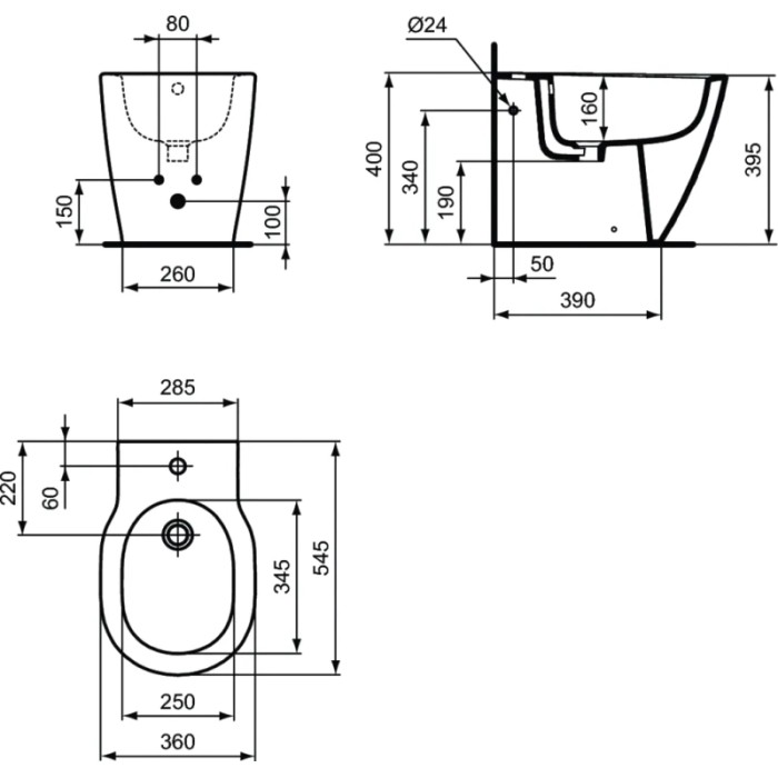 Disegno tecnico di un bidet t.b.t. con dimensioni per l'installazione e la progettazione.