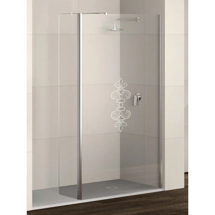 Box doccia walk-in t.b.t. con decoro, vetro e telaio cromato.