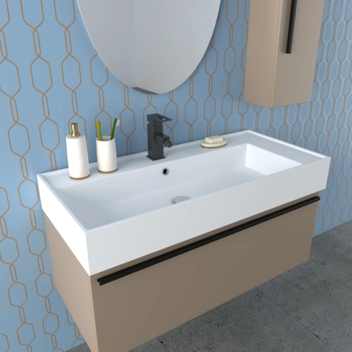 Moderno set di mobili da bagno: mobile lavabo con lavandino, specchio e pensile in beige e bianco.