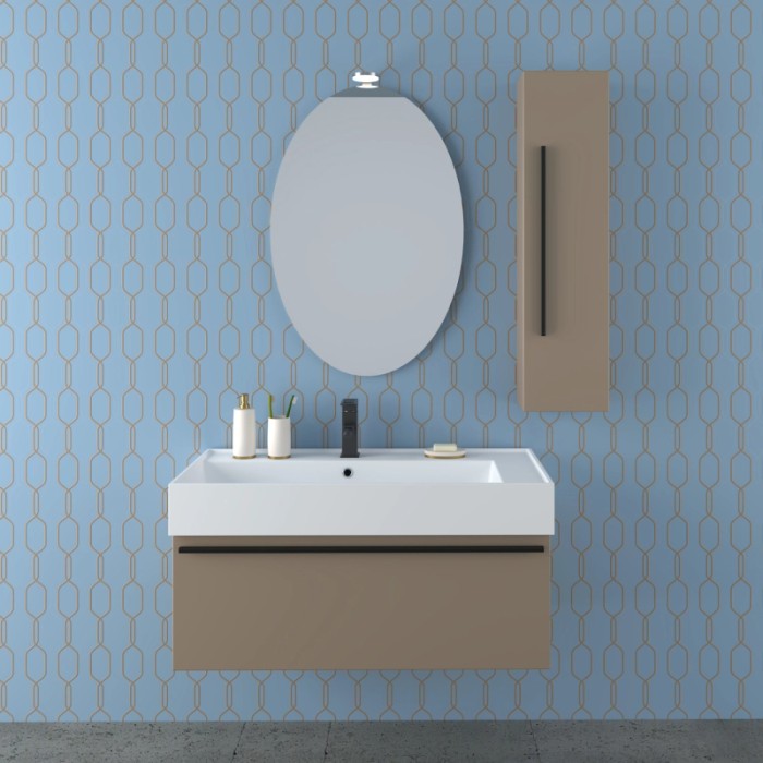 Set di mobili da bagno moderni con lavabo, specchio e mobile in beige e bianco.