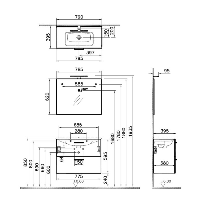 Disegno tecnico di mobile bagno t.b.t.: mobile lavabo, specchio con dimensioni.
