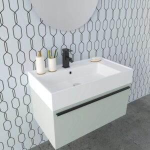 Set moderno di mobili bagno: mobile lavabo con rubinetto, sapone e accessori. Elegante Arredo per il bagno.