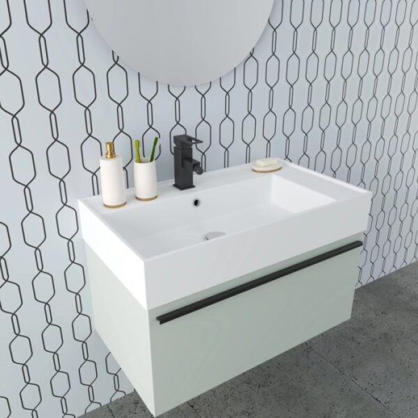 Set moderno di mobili bagno: mobile lavabo con rubinetto, sapone e accessori. Elegante Arredo per il bagno.