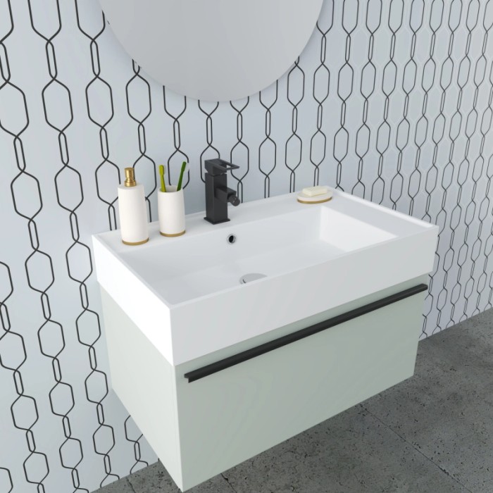 Set moderno di mobili bagno: mobile lavabo con rubinetto, sapone e accessori. Elegante Arredo per il bagno.