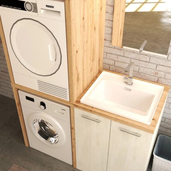 Lavabo con mobile base e lavatrici effetto legno.