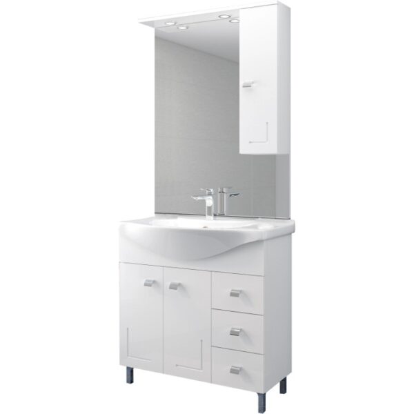 Mobile bagno bianco con specchio e armadietto per arredo bagno.