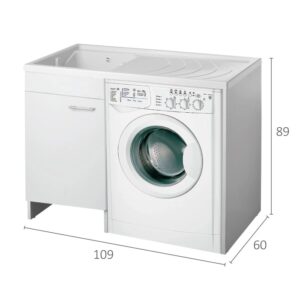 Mobile lavatoio bianco con lavatrice e spazio contenitivo. Ideale per bagni piccoli.