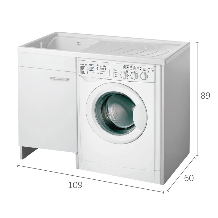 Mobile lavatoio bianco con lavatrice e spazio contenitivo. Ideale per bagni piccoli.