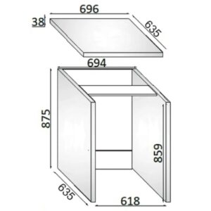 Disegno tecnico di un elemento per mobili bagno t.b.t. con dimensioni.