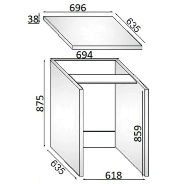 Disegno tecnico di un elemento per mobili bagno t.b.t. con dimensioni.