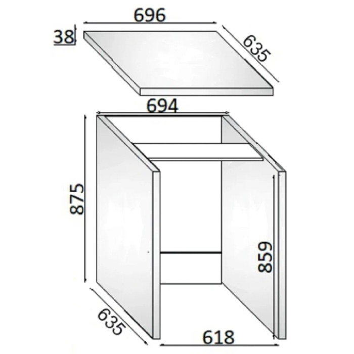Disegno tecnico di un elemento per mobili bagno t.b.t. con dimensioni.