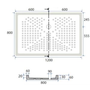 Disegno tecnico del piatto doccia t.b.t. con dimensioni 1200x800 mm.