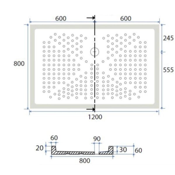 Disegno tecnico del piatto doccia t.b.t. con dimensioni 1200x800 mm.