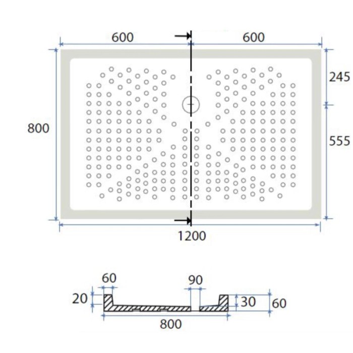 Disegno tecnico del piatto doccia t.b.t. con dimensioni 1200x800 mm.