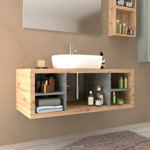t.b.t. Mobile bagno con lavabo d'appoggio e vani portaoggetti.