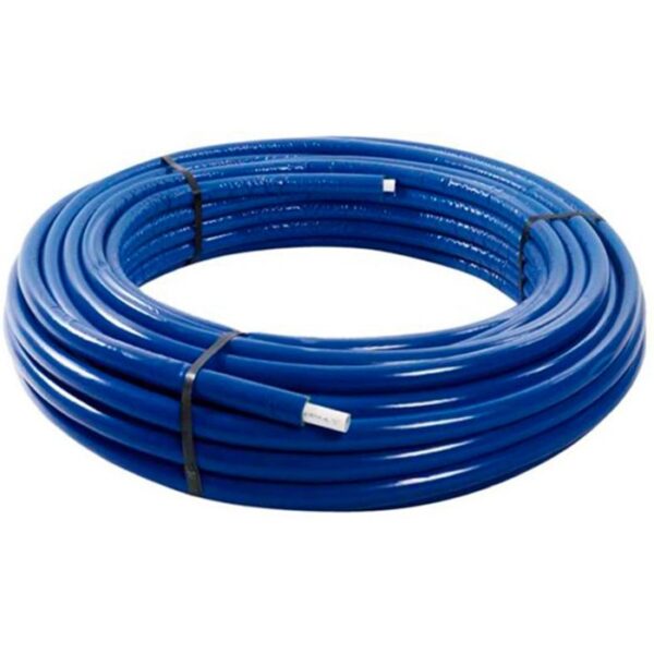 Tubo multistrato t.b.t. blu arrotolato e fissato con fascette.