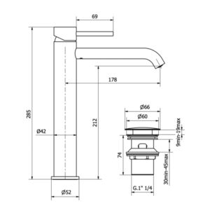 Disegno tecnico: rubinetto lavabo t.b.t. con dimensioni e dettagli.