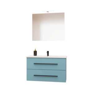 Mobile bagno blu con specchio e due cassetti, parte della serie di arredo bagno.