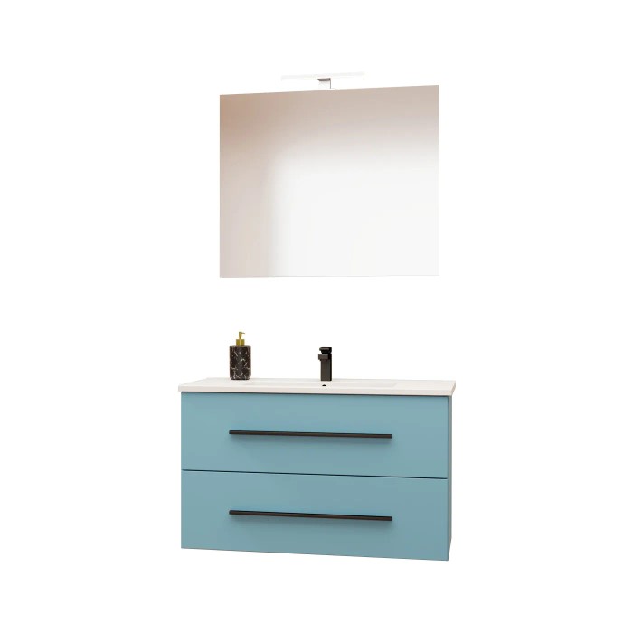 Mobile bagno blu con specchio e due cassetti, parte della serie di arredo bagno.