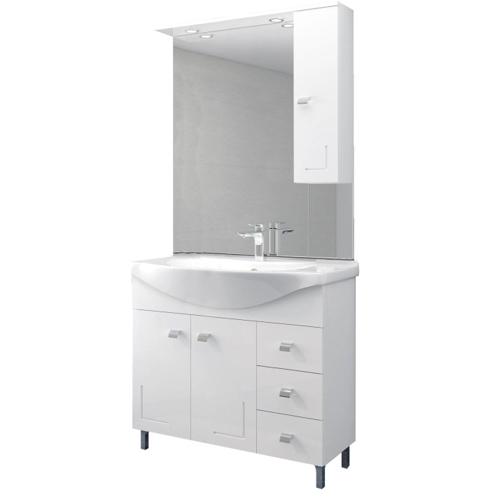 Mobile bagno bianco con specchio e armadietto, categoria arredo bagno.