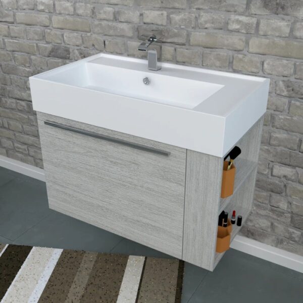 t.b.t. Lavabo singolo con vasca bianca e mobiletto effetto legno.