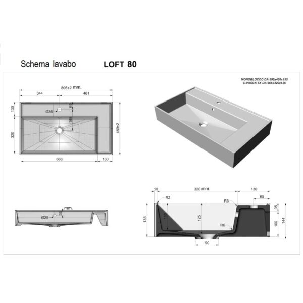 Disegno tecnico del lavabo singolo t.b.t. Loft 80 con dimensioni.