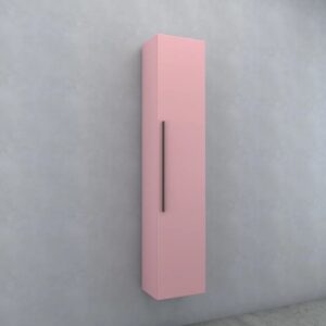 Mobile bagno sospeso rosa con maniglia lunga e scura.