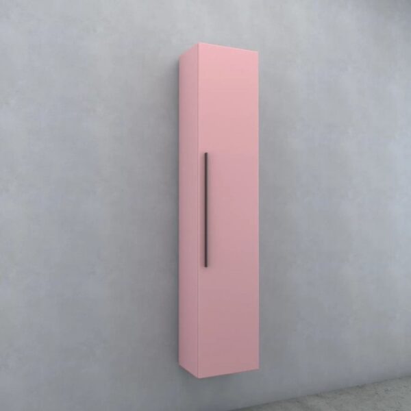 Mobile bagno sospeso rosa con maniglia lunga e scura.