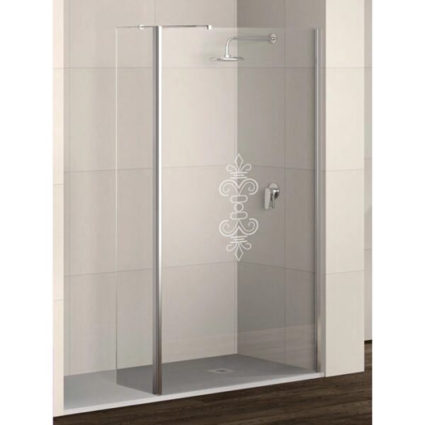 Box doccia walk-in t.b.t. con decoro, vetro e profili color argento.