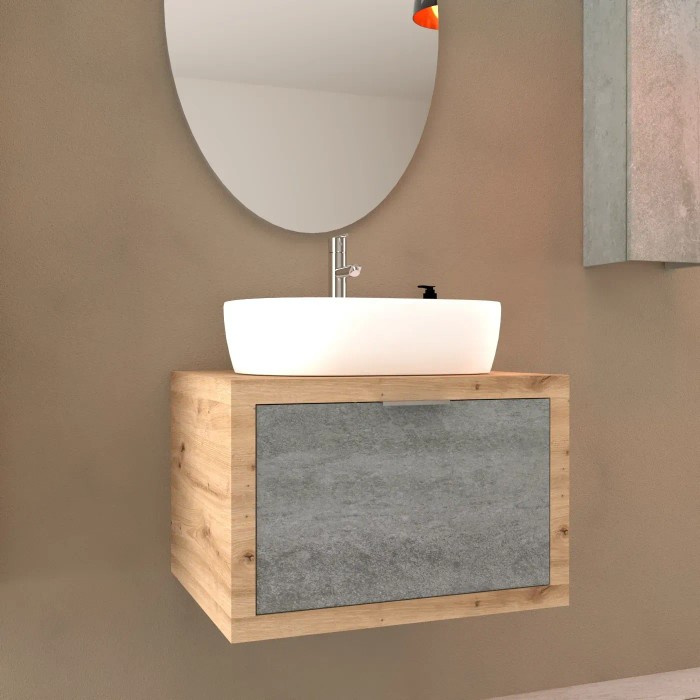 t.b.t. Mobile bagno con lavabo d'appoggio e specchio. Arredo bagno.