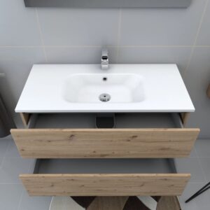 t.b.t. Lavabo singolo con decoro legno e vasca bianca dall'alto.