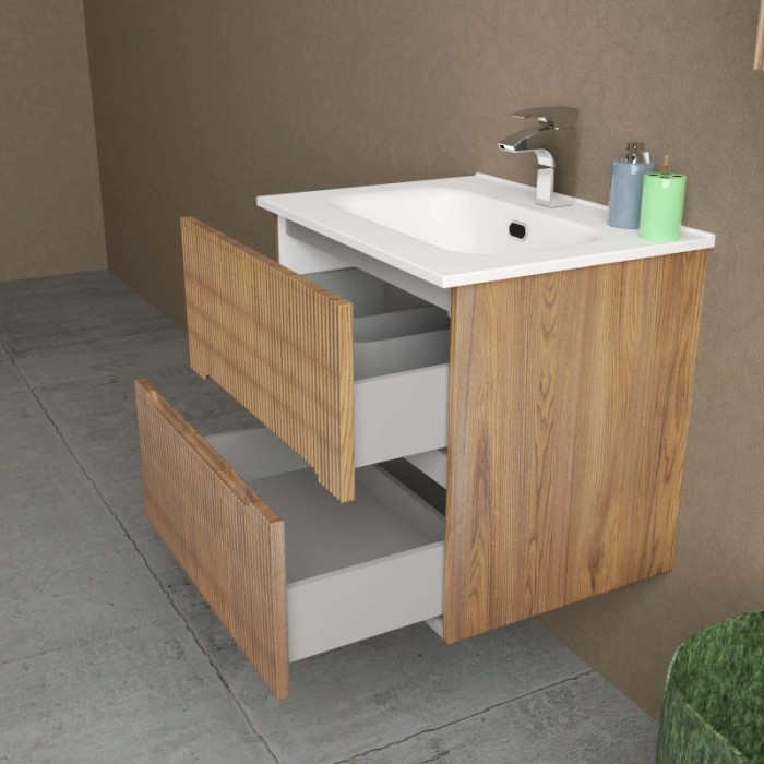 Mobile bagno moderno con lavabo, mobiletto effetto legno e due cassetti.
